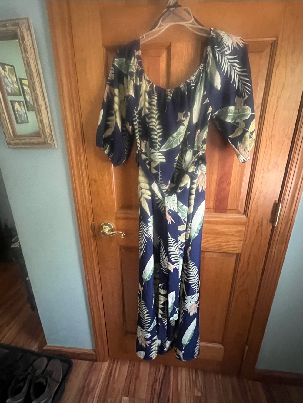 SHEIN Navy Tropical Leaf Print Maxi Dress